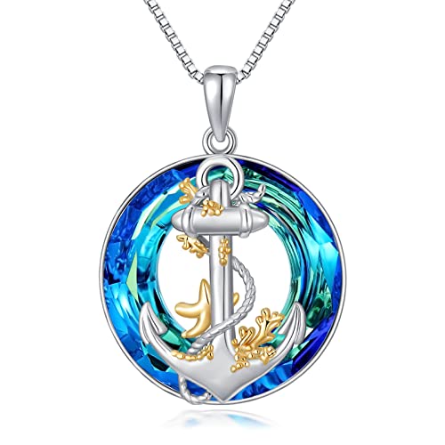PROESS 925 Sterling Silver Otter/Monkey/Dolphin/Polar Bear/Peacock/Phoenix/Anchor/Lotus/Rose/Strawberry Necklace Crystal Jewelry for Women Birthday Christmas with 18"+2" Chain Anchor