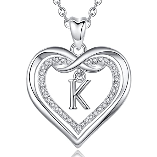 Vito 925 Sterling Silver Initial Necklace for Women, Cubic Zirconia Double Heart Letter Pendant, 18" K