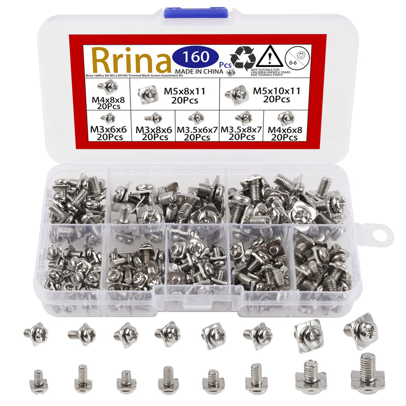 [Australia - AusPower] - 160Pcs M3 M3.5 M4 M5 Terminal Block Screws Assortment Kit with Square Washers, Nickel Plated Carbon Steel, Silver 