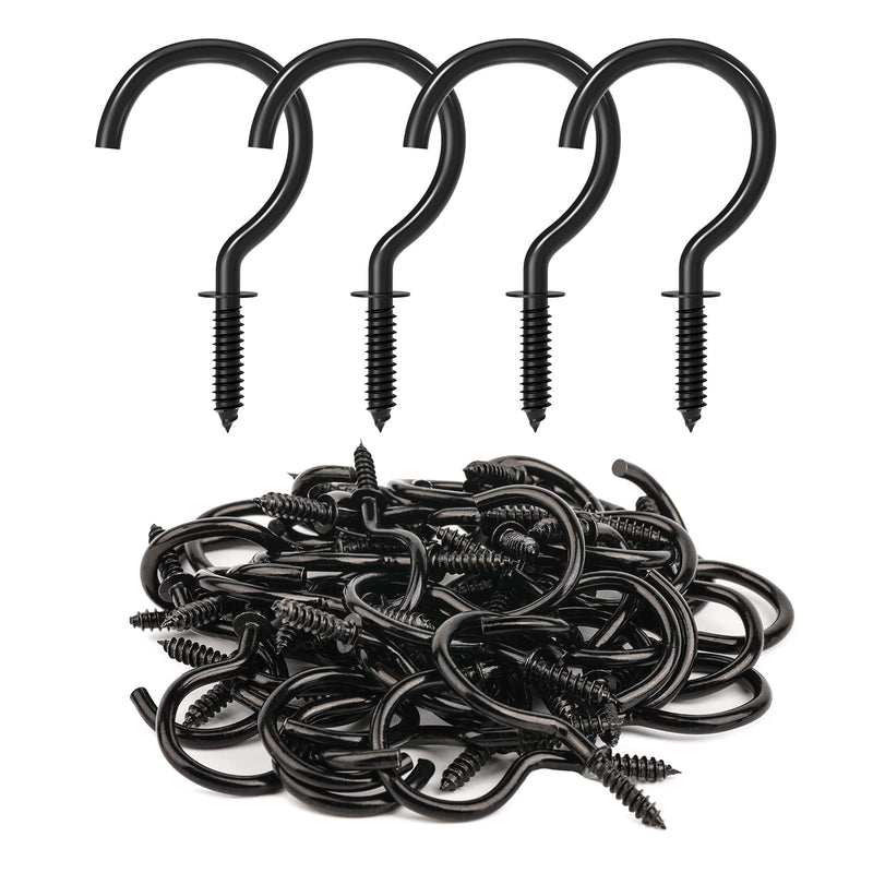 50 Pcs Screw Hooks, 1-1/4 Inch Black Cup Hooks Screw in Mug Hooks Metal Heavy Duty Screw Wood Wall Ceiling Hooks Plant Hooks Indoor Outdoor for Utensils Plants Baskets Lights Wreaths 50