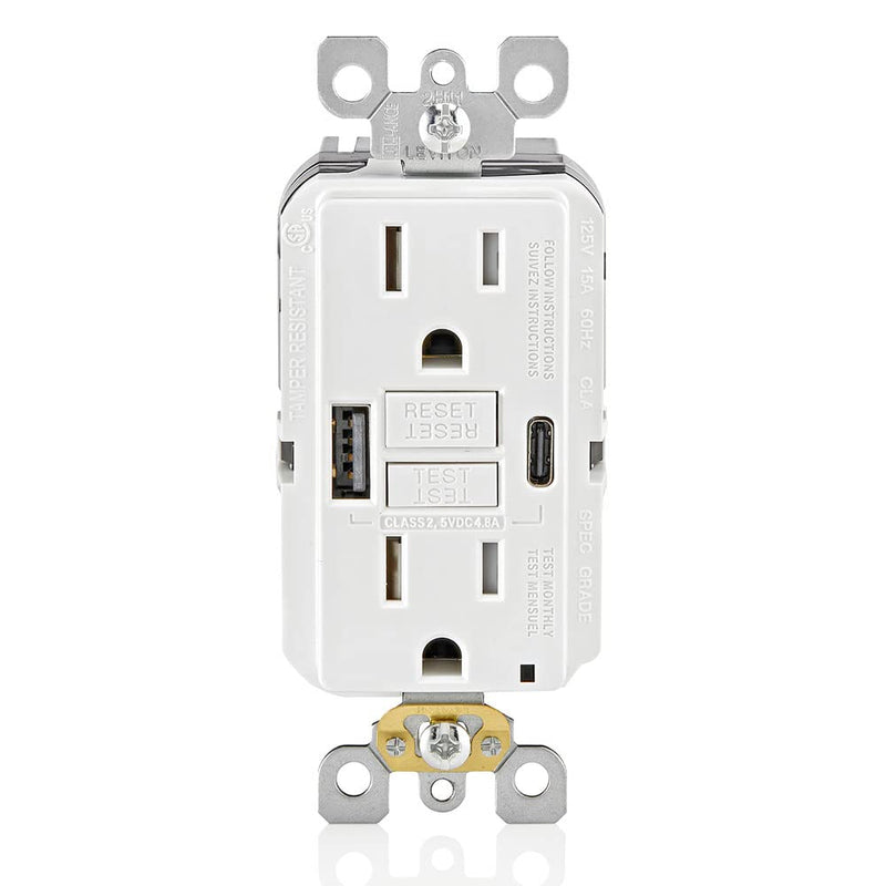 [Australia - AusPower] - Leviton GUAC1-W 15A SmartlockPro Self-Test GFCI Combination with Type A & Type-C USB In-Wall, USB Charger for Smartphones and Tablets, White Type A/C USB w/GFCI 