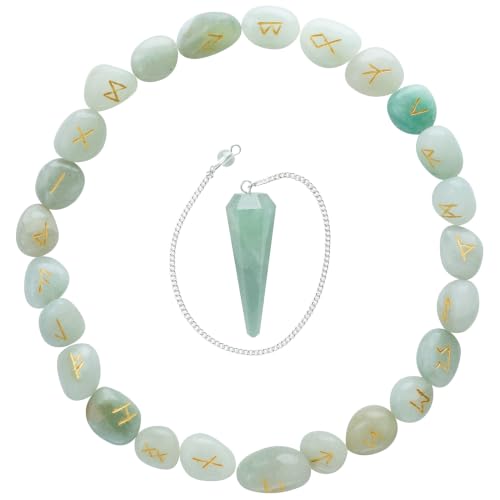 Crocon Green Jade Rune Set 25 Pcs with Elder Futhark Alphabets 1 Pendulum #009 Green Jade Rune + Pendulum