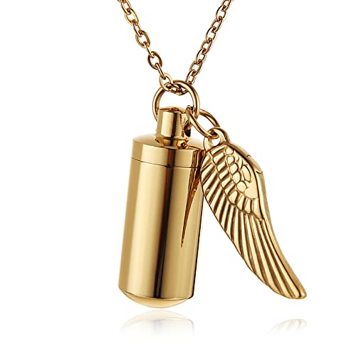STWTR Stainless Steel Cylindrical Souvenir Capsule Pill Pendant Necklace, Cremated Ashes Pill Container Necklace Gold-A
