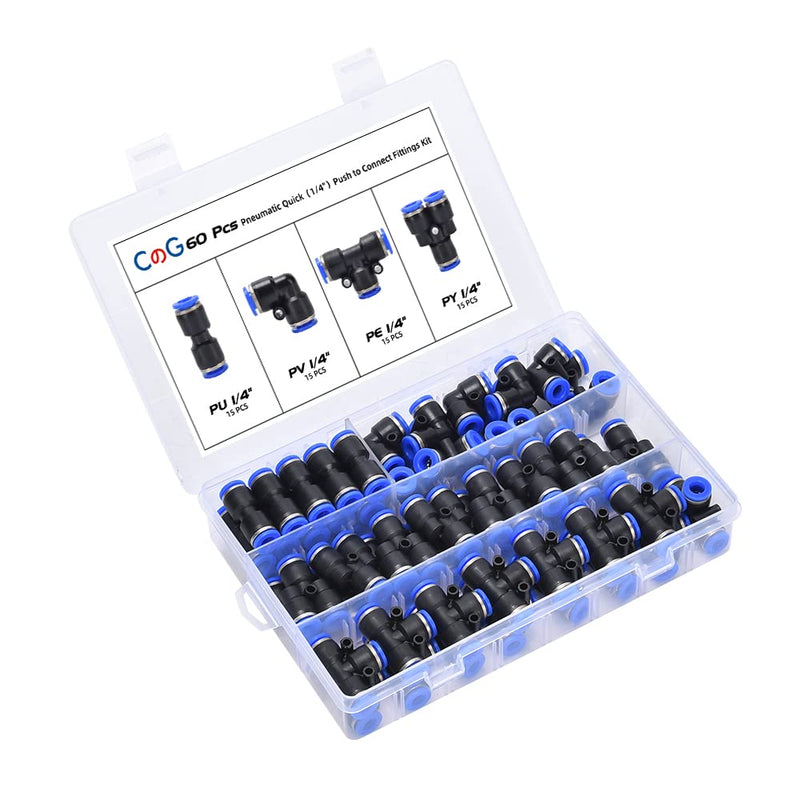 [Australia - AusPower] - 60Pcs Quick Connect Air Hose Fittings 1/4 inch OD 15 Spliters+15 Elbows+15 tee+15 Straight Quick Release Pneumatic Push to Connect Fittings Kit Air Line Fittings for 1/4 inch Tube 60 PCS 