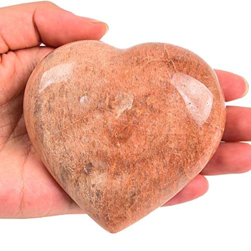 JIC Gem Large Orange Moonstone Heart Shaped Healing Crystal Love Palm Worry Stone Pocket Gemstone with Display Stand Chakra Balancing Chakra Balancing 3-3.3 Inch