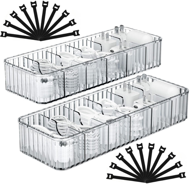 [Australia - AusPower] - Cable Storage Boxes Organizers 2 Pack,Cord Charger Storage Organizer Box Case with 20pcs Cable Ties,Stackable,Clear 