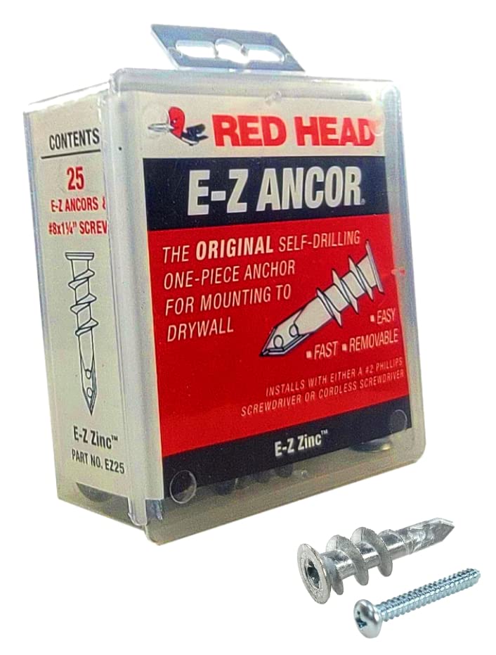 [Australia - AusPower] - 25 Qty Red Head EZ Ancor Zinc Metal Self Drilling Drywall Anchors with Screws | Up to 75 Lbs | EZ25 