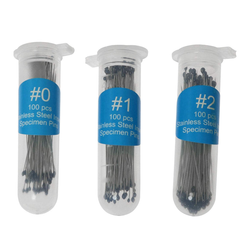 [Australia - AusPower] - Insect Pin 300PCS 3Sizes Stainless Steel Mounting Specimen Needles with Safe Hard-Plastic Storage Vial Size 0 1 2 Entomology Pins 