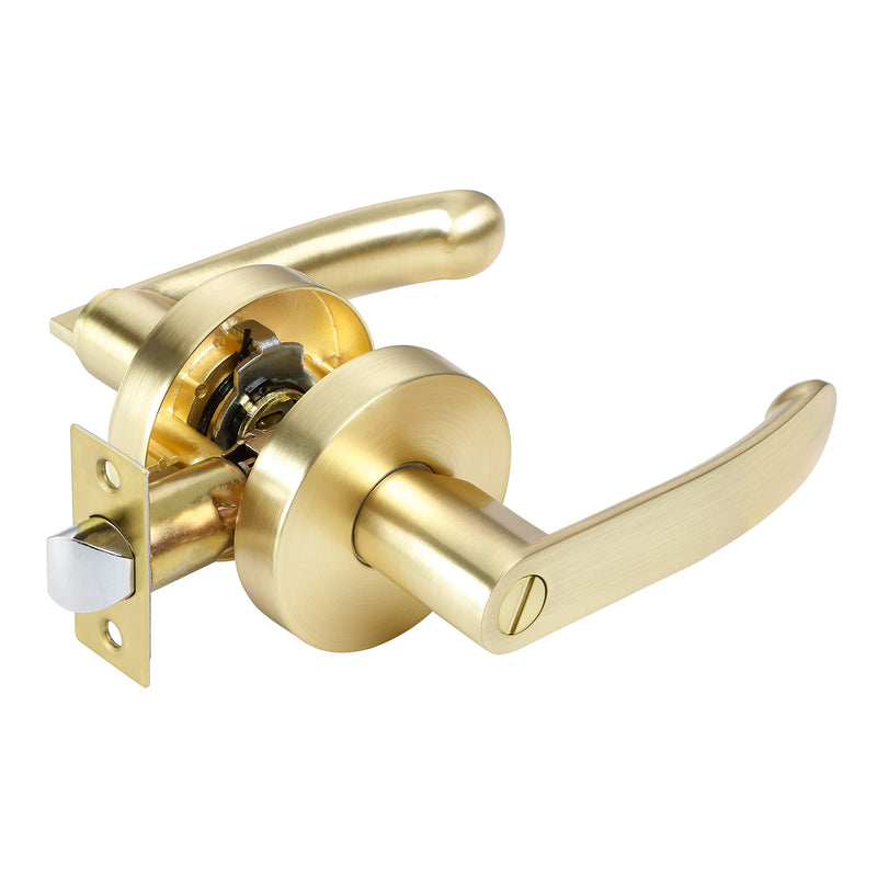 Leydebong 1 Pack Privacy Door Lock Door Handle Lever Keyless Door Knob Hardware Lockset for Bathrooms Indoor Door Levers Reversible Without Key for Interior Use, Light Satin Brass Finish Keyless-Privacy Lever