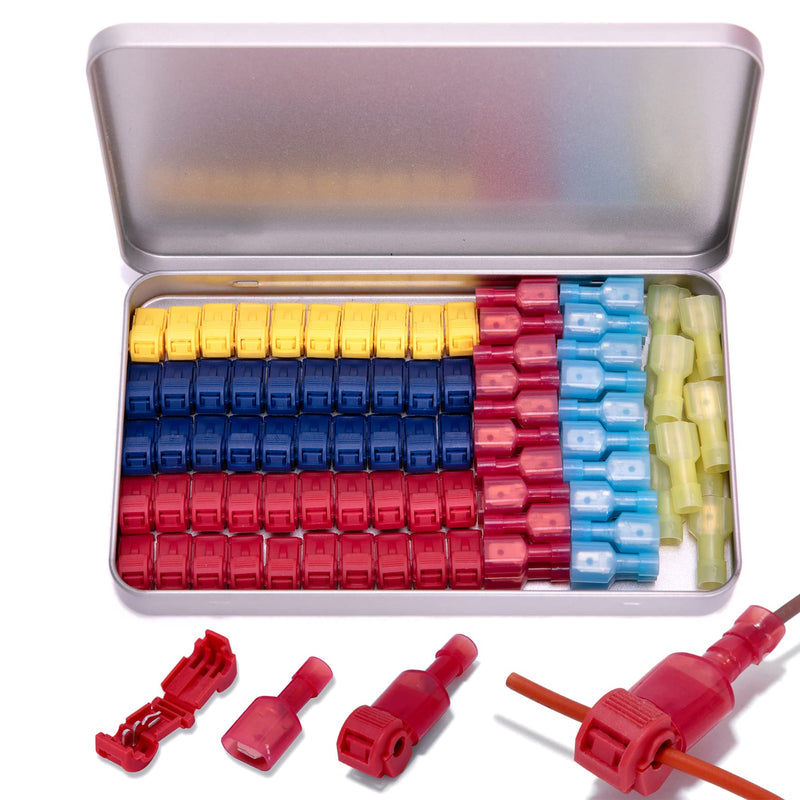 [Australia - AusPower] - 100 Pcs/50 Pairs T-Tap Wire Connectors, Ginsco Quick Splice Self-Stripping Electrical T-tap Wire Terminals with Nylon Fully Insulated Male Spade Connector Quick Disconnects Kit for Wiring Automotive 22-10AWG : 100pcs 