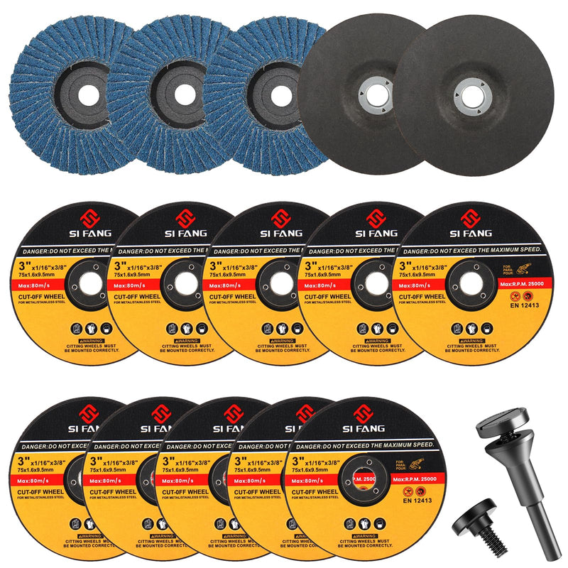 [Australia - AusPower] - SI FANG 16Pcs 3 inch Cut-Off Wheel Grinding Wheel Flap Discs Kit with 3/8" Arbor 1/4" Stem Mounting Mandrel Die Grinder Accessories Drill Attachment, Metal Stainless Steel Wood Cutting and Grinding Package 1 (16Pcs) 