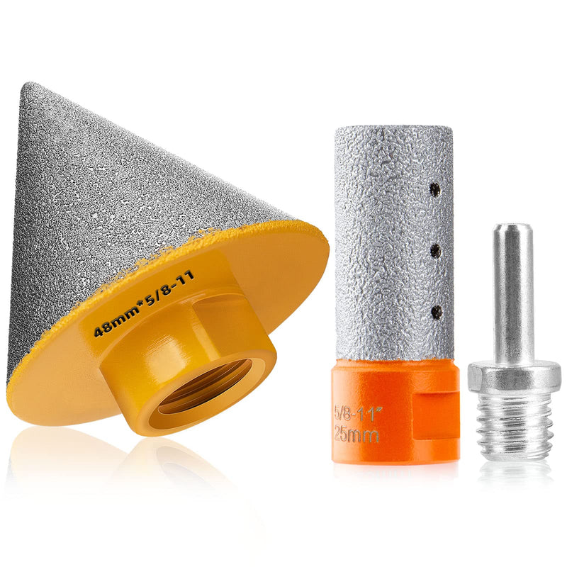 Diamond Beveling Chamfer Bits with 5/8-11" Thread Adapter, 1-7/8"(48mm) Chamfer Cone 25mm Diamond Finger Milling Bit, Diamond Countersink Drill Bit for Existing Holes Enlarging Shaping Trimming 48mm+25mm (Set)