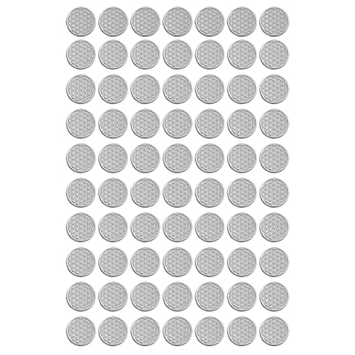 70pcs / Bag Flower of Life Gold Plated Thin Metal Sticker for Stone Crystal, Adhesive Pyramid Sacred Geometry Metal Energy Decor Sticker, Meditation Decor (15mm Diameter, Silver) 15mm Diameter
