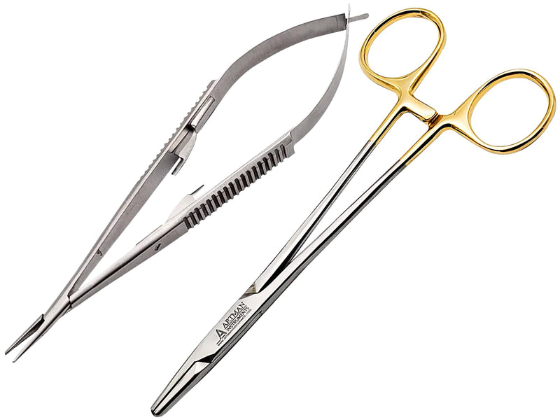 [Australia - AusPower] - Bundle of Mayo Hegar Needle Holder 6" Gold Plated Handle with Tungsten Carbide Inserts & Castroviejo Scissors 5.5" Straight Locking Needle Holder Extra Sharp Spring Action by Artman Instruments 