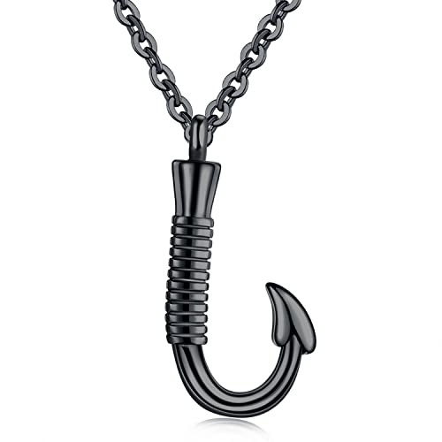 Fishing Hook Cremation Urn Necklace for Ashes, Keepsake Memorial Jewelry Black