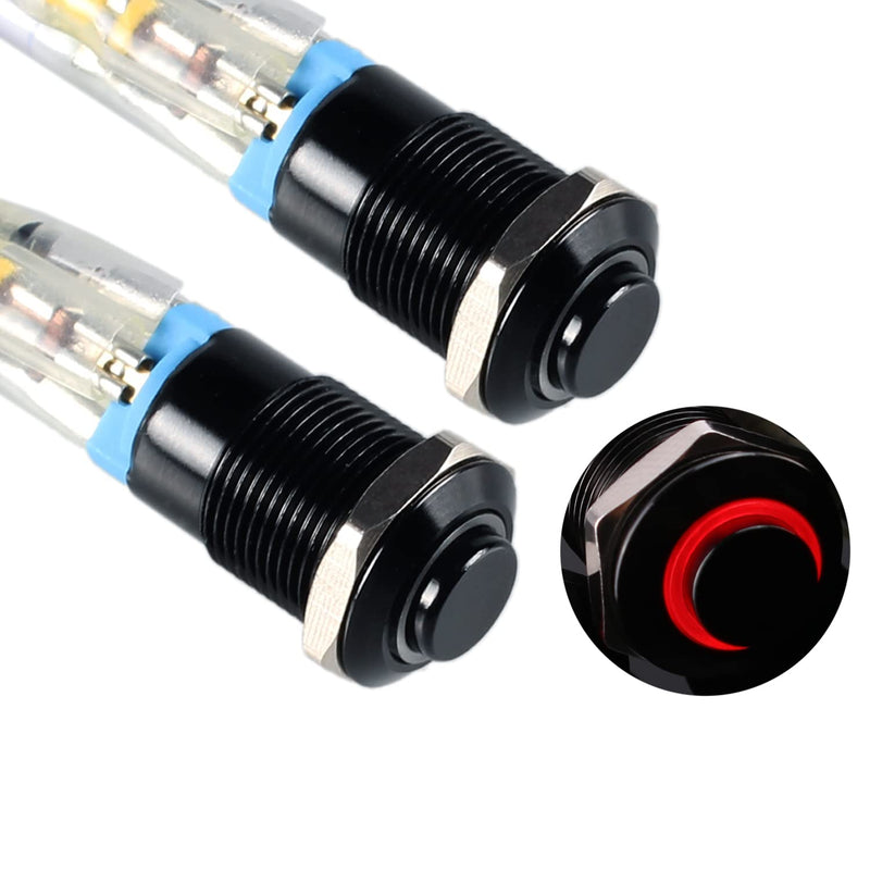 [Australia - AusPower] - 2pcs 12mm Micro Metal Latching Push Button Switch Raised Head Waterproof Anti-Vandal Self-Locking Black Shell with Wires for 1/2" Mounting Hole 12V-24V ON Off 4-Pin 1NO Halo Ring LED Light Red 