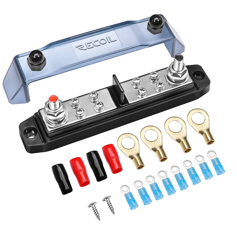 RECOIL BBPG5 Busbar Positive and Negative 2 x 5/16” Studs and 8 x #8 Screw Terminals Power Distribution Block with Ring Terminals Discrete Two Sets of 1x5/16" Studs & 4 Screws