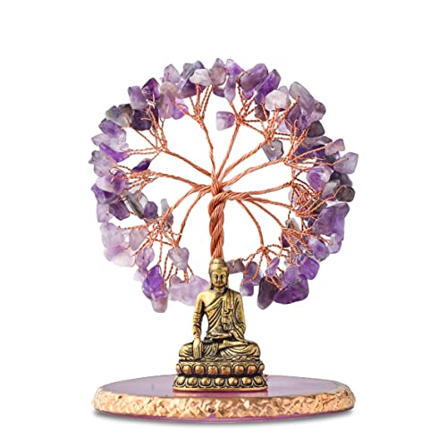 Buddha Statue with Healing Crystal Tree, Tree of Life for Positive Energy. Home Decor Yoga Meditation. Amethyst.(A) A
