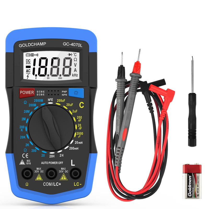[Australia - AusPower] - 2000pF~200?F Capacitor Tester, 20?~2000M? Ohm Meter, Capacitance Meter, hFE Test Multimeter, Manual Range, Back Light, Auto Power Off, Testing Meter Tool GC-4070L-BL 