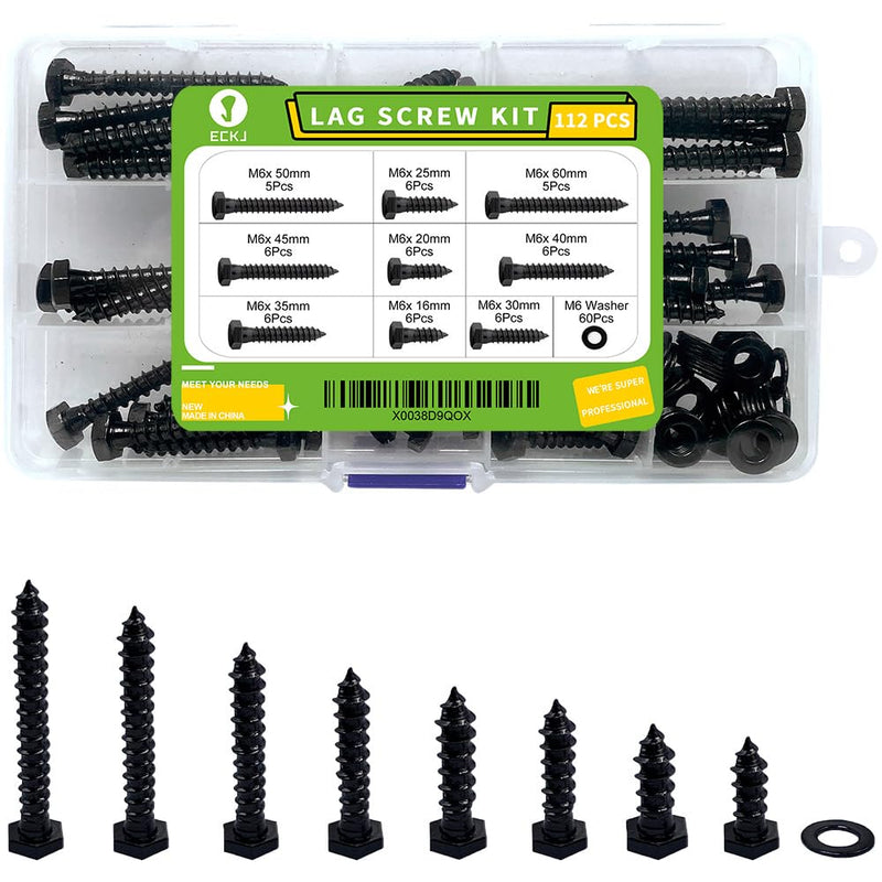[Australia - AusPower] - Hex Lag Bolts 112PCS M6 Hex Head Lag Screws Washers Assortment Kit Fully Thread Heavy Duty Hexagon Wood Screw Zinc Plated Black Metric Length Include 16/20/25/30/35/40/45/50/60mm 