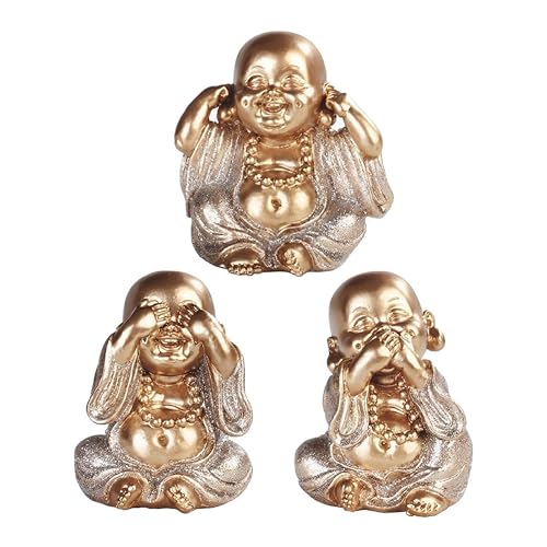 ICE Armor 3-Piece Gold Maitreya Buddha Hear-No, See-No, Speak-No Evil 3.5" H Statue Decoration Figurine Set Office Desk/Home/Living Room/Table Decor, Perfect House Warming Gifts for New Home