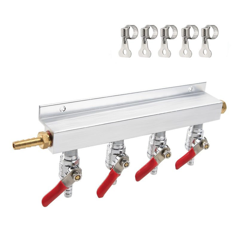 [Australia - AusPower] - Roastove 4-Way Gas Manifold CO2 Distributor Manifold 5/16 inch Barb/Stem Splitter Beer Integrated Check Valves Homebrew Beer Making Brewing Tool-CO2 gas input at LEFT side+5CLAMPS 4 WAY 