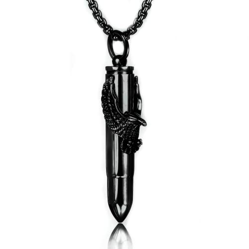 Steel Vintage Flying Eagle Bullet Urn Ashes Keepsake Cremation Prayer Memorial Holder Locket Pendant Necklace Black