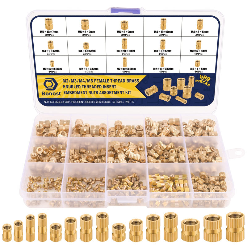 [Australia - AusPower] - 500Pcs Threaded Inserts Kit M2 M3 M4 M5 - Female Thread Heat Set Insert, Brass Knurled Thread Insert Nuts for Plastic Injection Molding(Metric) 