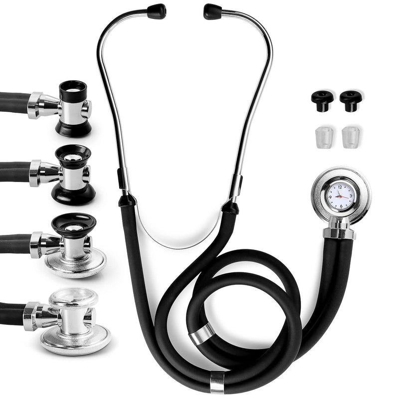 [Australia - AusPower] - Primacare DS-9298 Black Medical Clock Stethoscope with Analog Watch, 22" Tubing Convertible Regular Sprague Rappaport Stethoscopes, First Aid Emergency Essential Kits with Headset 