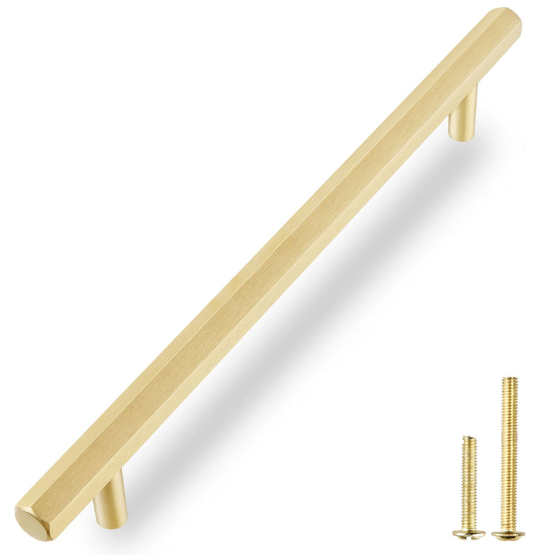 QOGRISUN 2-Pack Solid Brass Cabinet Pulls Hexagon Drawer Handles,8-3/4-Inch Hole Center, Suitable for Kitchen Bathroom Dresser Cupboard Hardware, 11-Inch Total Length, Brushed Finish 8-3/4-Inch (224mm) Hole Centers