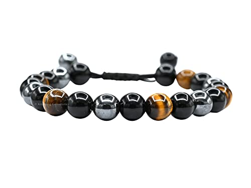 Amazing Gemstone Triple Protection Bracelet - Hematite Black Obsidian Tiger Eye Bracelet Set for Men Women Healing Calming Anxiety Stress Relief Gifts (Adjustable)