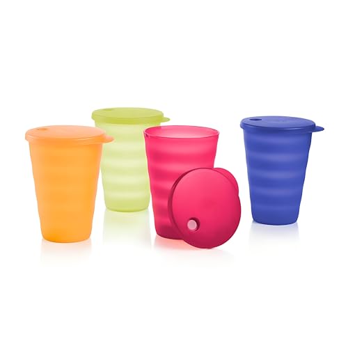 Tupperware Brand Impressions 16 oz Tumblers - Set of 4 - Dishwasher Safe & BPA Free - Mess-Free Reusable Plastic Cups with Lids