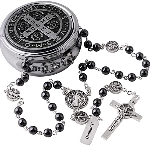HanlinCC Catholic Rosary St.Benedict Necklace Hematite Beads with Gift Box