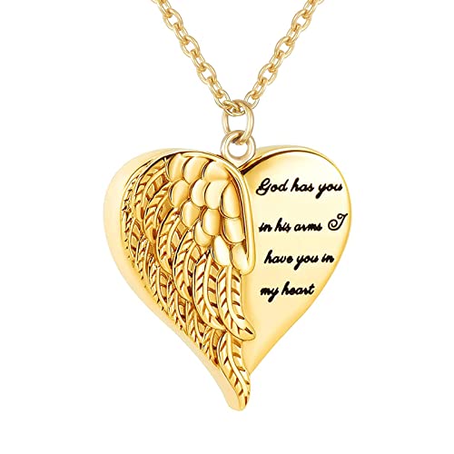 Angel Wing Heart Urn Necklace for Ashes Keepsake Pendant Memorial Locket Ash Holder Cremation Jewelry for Men Women Gold