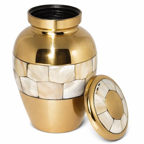 Small Keepsake Urn 2.7 Inches - Made of Pure Brass and Mother of Pearl - Golden Color