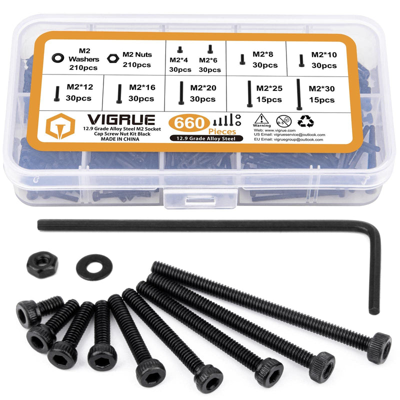 [Australia - AusPower] - 660Pcs M2 Screws Set Black, M2 x 4/6/8/10/12/16/20/25/30mm Hex Socket Head Cap Screws Nuts Washers Assortment Kit, 12.9 Grade Alloy Steel Assorted Screws, Fully Machine Threaded, Allen Socket Drive M2 Socket Cap 
