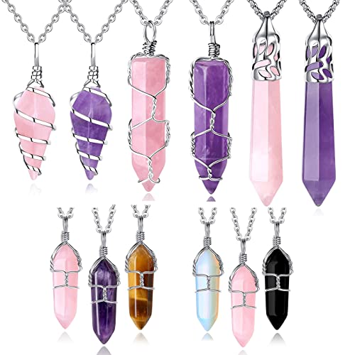 QINJIEJIE Crystal Necklace Healing Crystal Jewelry Reiki Spiritual Natural Quartz Stones Gemstone Hexagonal Point Wire Wrapped Necklaces for Women Men Mother's Day Gift W- Purple - Amethyst