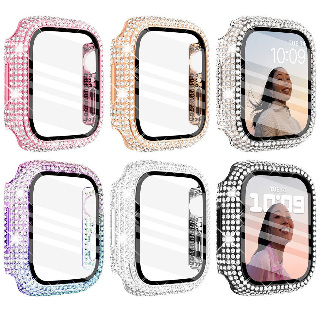 Wingle 6-Pack Compatible with Apple Watch Case 44mm Face Cover with Screen Protector,Over 200 Bling Crystal Diamond Apple Watch Bumper Case for Apple Watch Series SE 6 5 4 Screen Protector 44mm 6 Pack with Screen Protector