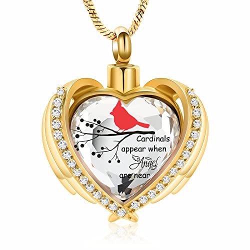 Yinplsmemory Red Cardinal Cremation Jewelry Angel Wing Crystal Heart Urn Ashes Necklace for Women Men Memorial Keepsake Urn Jewelry Gold