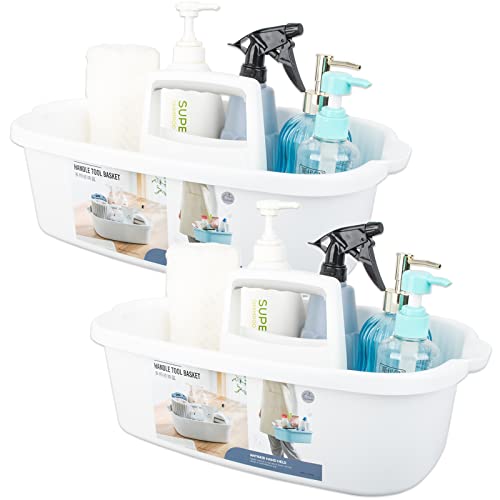 Two white JiatuA large shower caddies in a 2-pack, portable bathroom baskets with multiple compartments for cleaning supplies.
