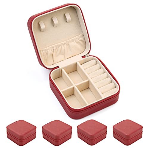 TRODANCE Mini Jewelry Case, Small Travel Jewelry Organizer, Portable Jewelry Box Mini Storage Organizer Display Box For Rings Earrings Necklaces (Red-4pcs) 4 packs - Red