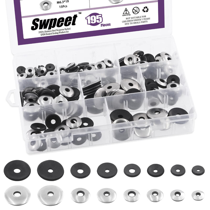 [Australia - AusPower] - Swpeet 195Pcs 8 Sizes #8#10#12#14 Stainless Steel Neoprene EPDM Bonded Sealing Washers Gasket Assortment Kit, Rubber Bonded Sealing Washers for 8# 10# 12# 14# Screws Assortment Kit (195PCS) 