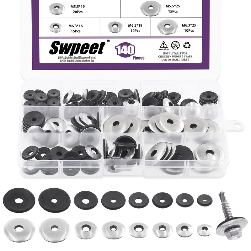 [Australia - AusPower] - Swpeet 140Pcs 8 Sizes #8#10#12#14 Stainless Steel Neoprene EPDM Bonded Sealing Washers Gasket Assortment Kit, Rubber Bonded Sealing Washers for 8# 10# 12# 14# Screws Assortment Kit (140PCS) 