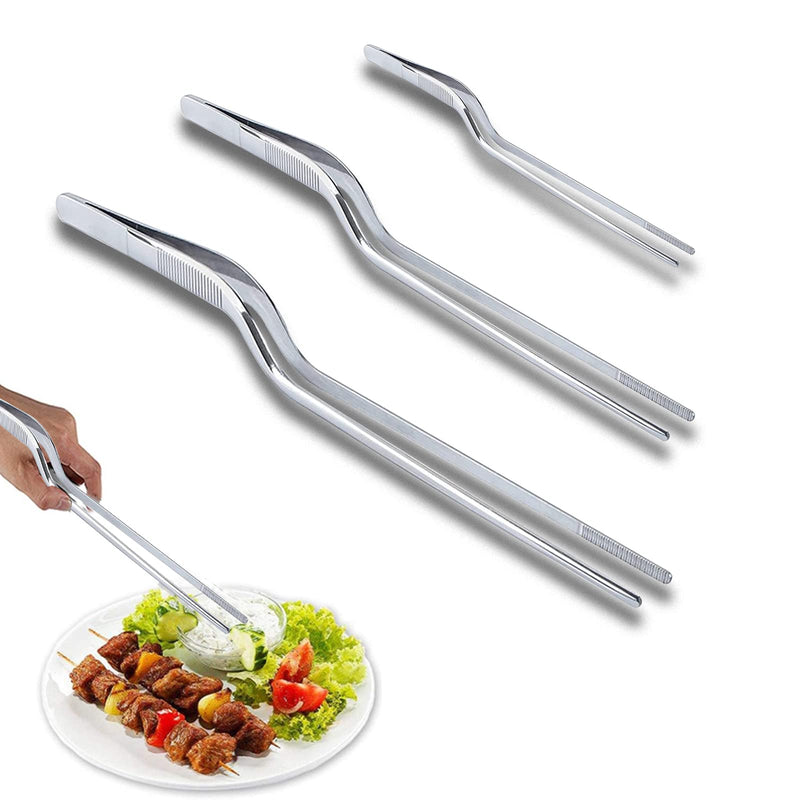 Stainless Steel Curved Tweezers Kitchen, 3 Pieces Kitchen Tweezers Cooking Tweezers 14/20/23 cm, Barbecue Tweezers, Food Tweezers, Cooking Tweezers Kitchen Set, for Cooking Kitchen, Handmade, Plant