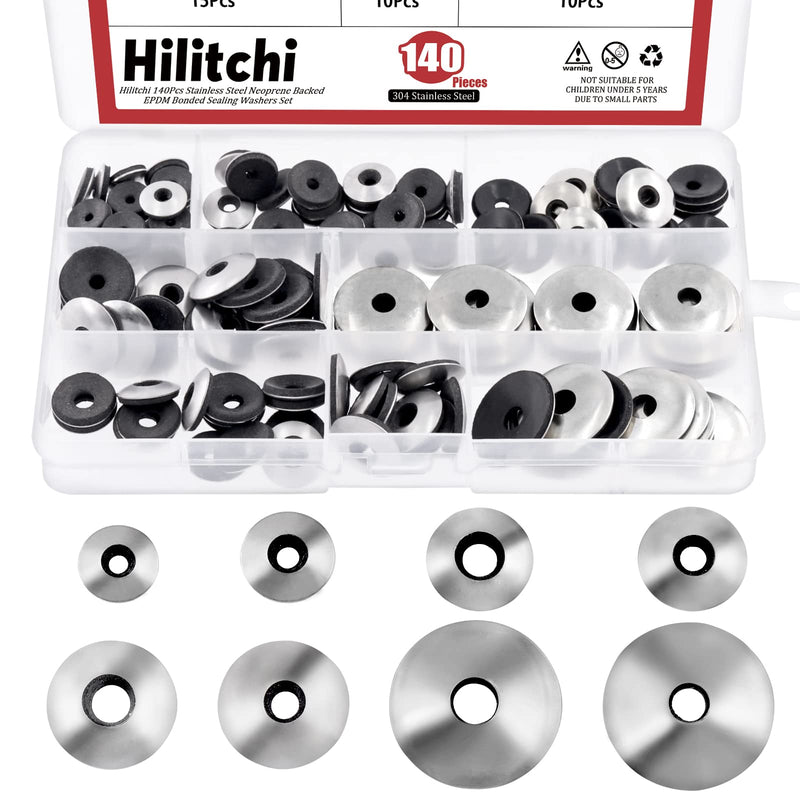 [Australia - AusPower] - Hilitchi 140Pcs 8Sizes Stainless Steel Neoprene EPDM Bonded Sealing Gasket Washers, Cushioning Washers Assortment Kit A Kit --140pcs 