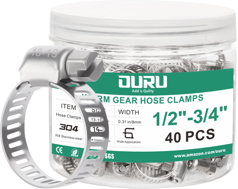 [Australia - AusPower] - 40PCS Hose Clamps Stainless Steel Adjustable 1/2"– 3/4"(13-19mm) Worm Gear Hose Clamp Kit,Small Metal Hose Clamps Set for Automotive,Plumbing,Intercooler,Pipe,Fuel Line Radiator Clamps 1/2"-3/4"(13-19mm) 