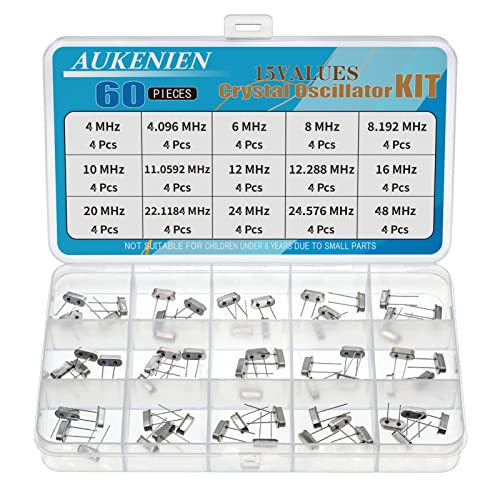 AUKENIEN Quartz Oscillator Kit 15 Values 60 Pieces 4MHz 4.096MHz 6MHz 8MHz 8.192MHz 10MHz 11.0592MHz 12MHz 12.288MHz 16MHz 20MHz 22.1184MHz 24MHz 24.576MHz 48MHz Quartz Crystal Oscillator Quarzoszillator Kit