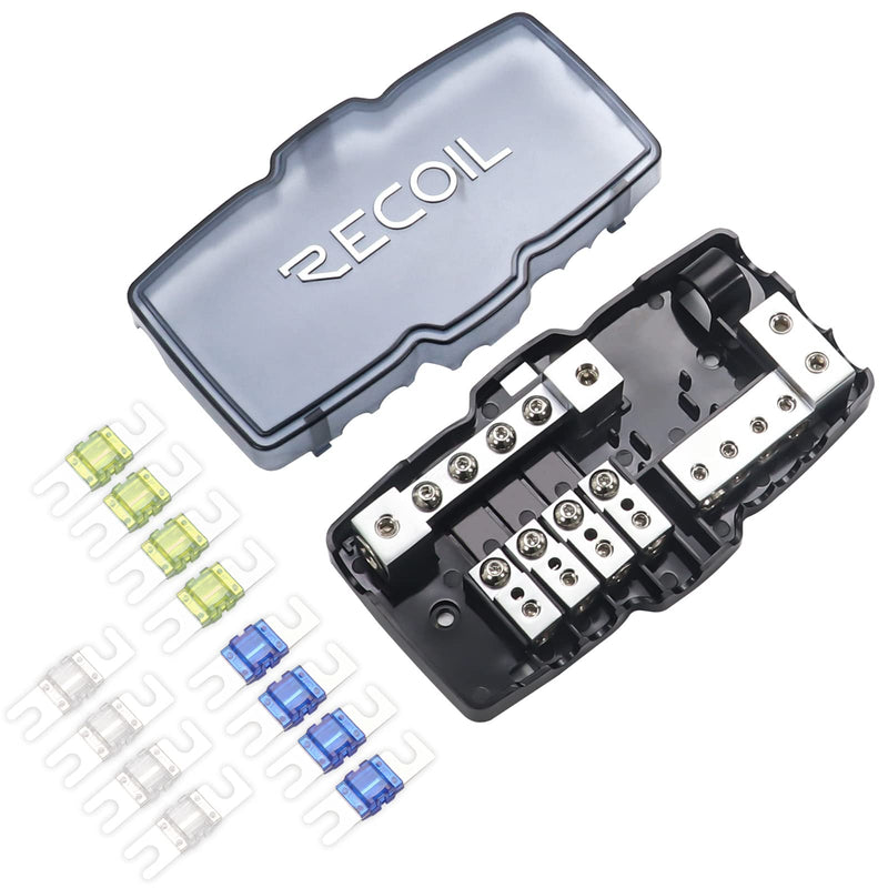 [Australia - AusPower] - RECOIL MPG4 4-Way Mini-ANL Fused Distribution Block with Ground Block, Each Positive and Negative Block with 2X 0/2/4 Gauge Inputs & 4X 4/8 Gauge Outputs, Fused Distribution Block with 12pcs Fuses 4-Way Fuse & Ground Combo Block, 2 Inputs & 4 Outputs 