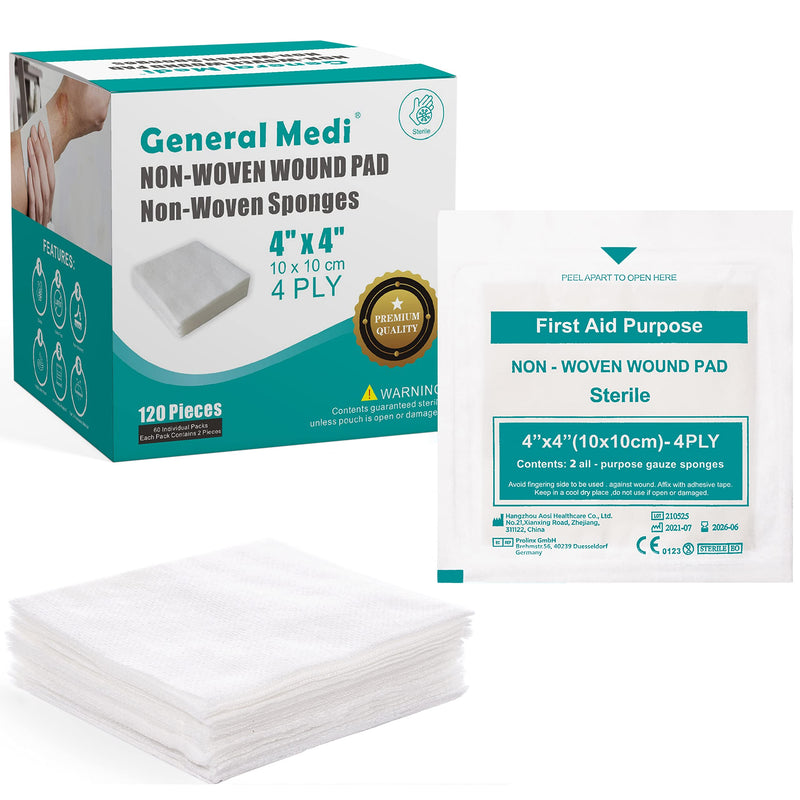 [Australia - AusPower] - General Medi Sterile Gauze Sponges, 4" x 4" Non-Woven Wound Pads - Individually Wrapped Highly Absorbent Sponges Pads for Cushioning Minor Wounds, Cuts & Burns Wound Care (60 Packs, 120 Pieces Total) 