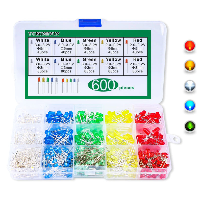 [Australia - AusPower] - 600Pcs 3mm 5mm LED Light Emitting Diodes Assortment Kit Round Diffused Led Circuit Component Assorted Set for Arduino, PCB Electronic Circuit DIY, Raspberry Pi (White/Red/Yellow/Blue/Green) 